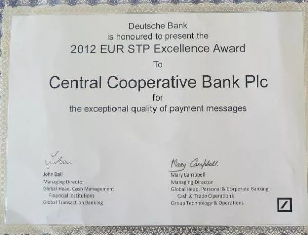 "Централна Кооперативна Банка" получи отличие от Deutsche Bank - Германия