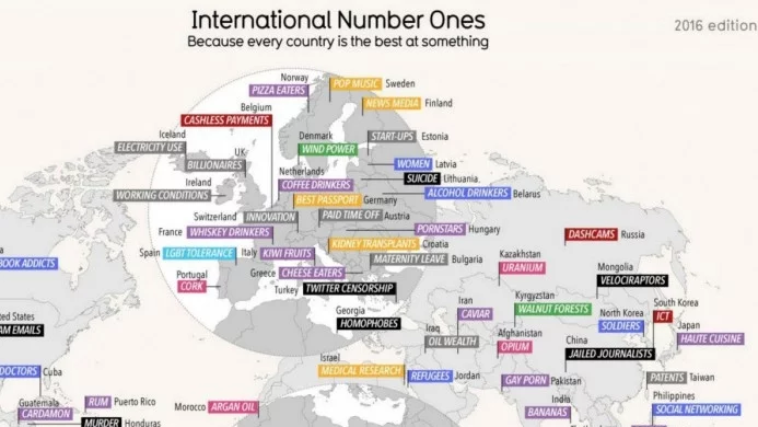 Карта показва в какво всяка държава е най-добра в света