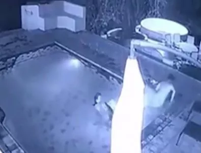Мъж бяга панически от басейн, в който влиза крокодил, зарязвайки жена си (Видео)