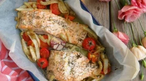 Печена сьомга по средиземноморски