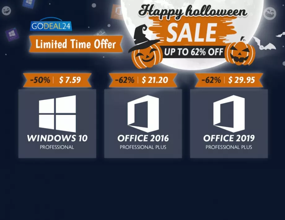По случай Хелоуин Godeal24.com предлага Windows 10 Pro само за $6,20, Office 2016 за $21,20 и още много други!
