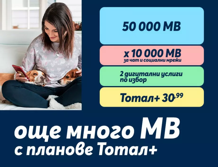 Теленор предлага Тотал+ с 50 000 МВ на максимална скорост и неограничени минути само за 30,99 лв. на месец