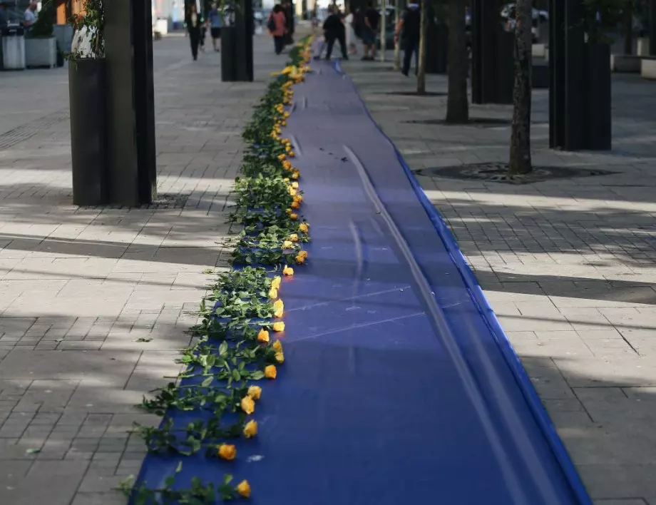 София почита жертвите на войната в Украйна със 100-метрово синьо платно и жълти цветя
