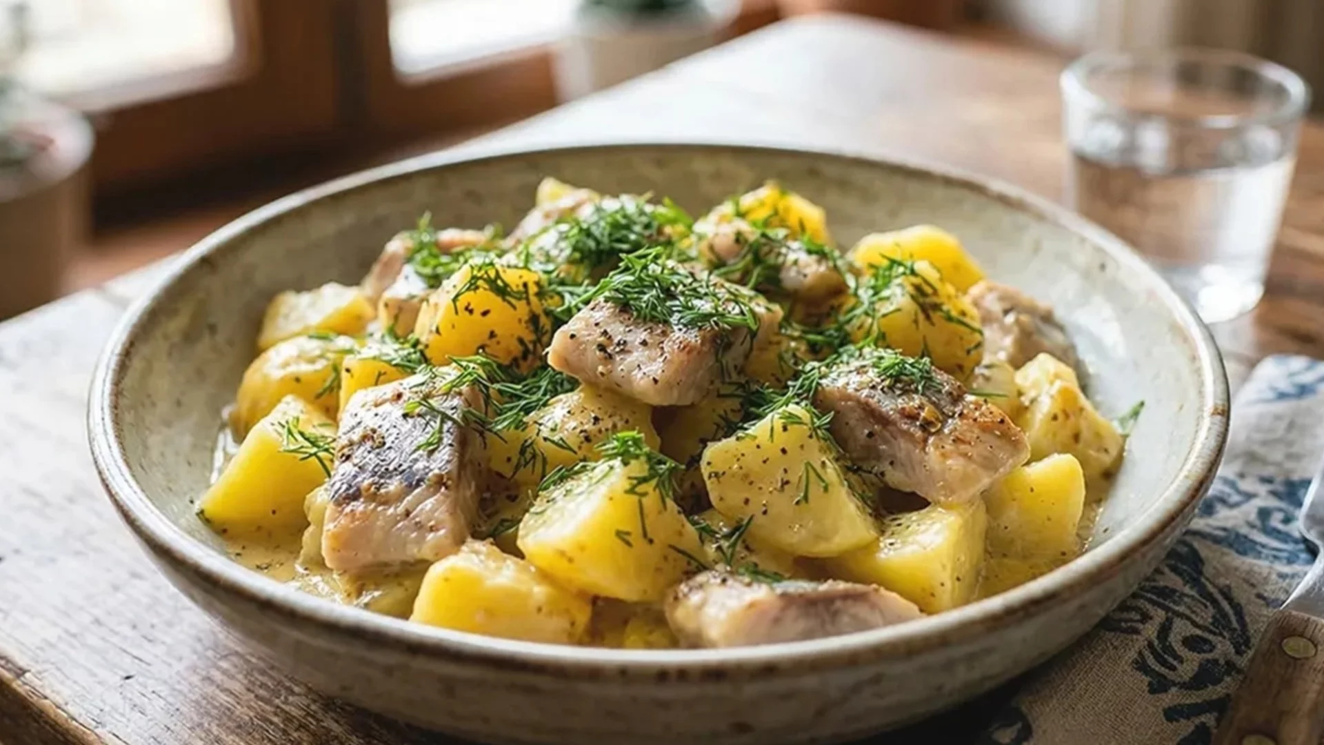 Златиста херинга с картофи и копър в лек кремообразен сос